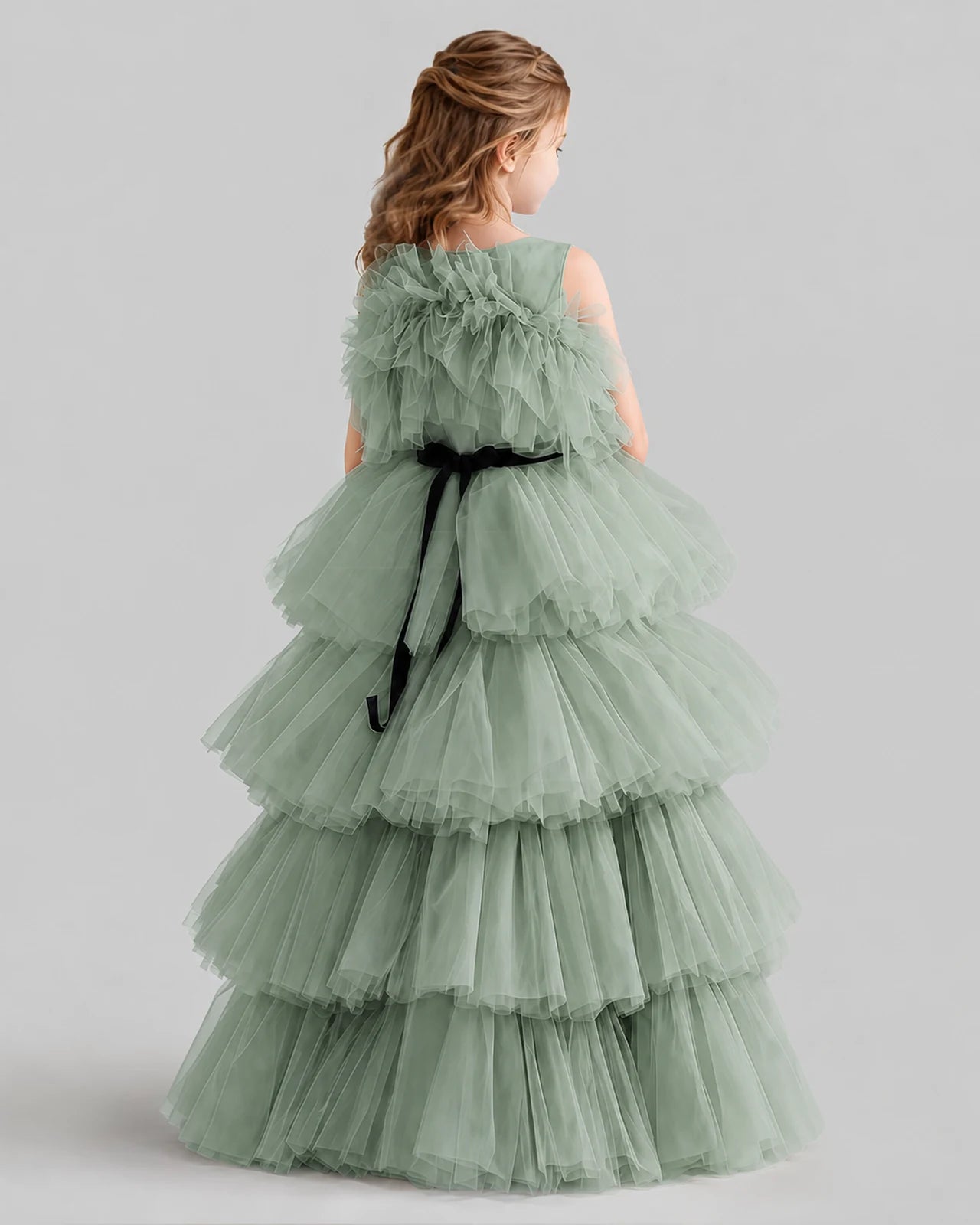 Sage Green Ball Gown Girls Pageant Dresses Back