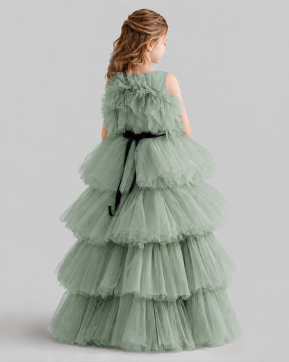 Sage Green Ball Gown Girls Pageant Dresses Back