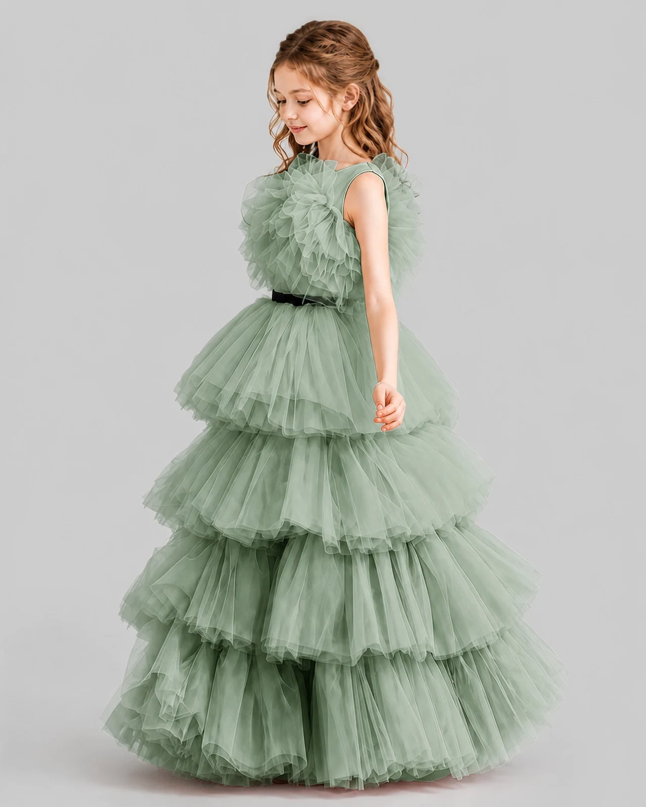 Sage Green Ball Gown Girls Pageant Dresses Side