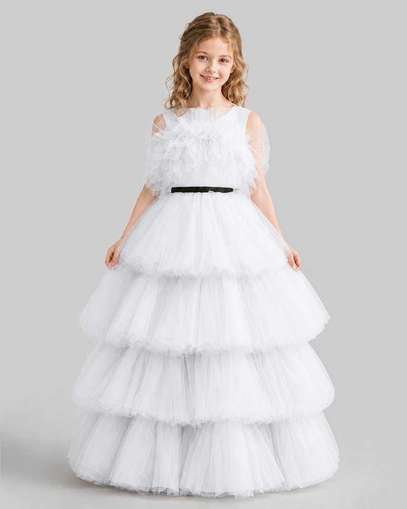 White Ball Gown Girls Pageant Dresses Front