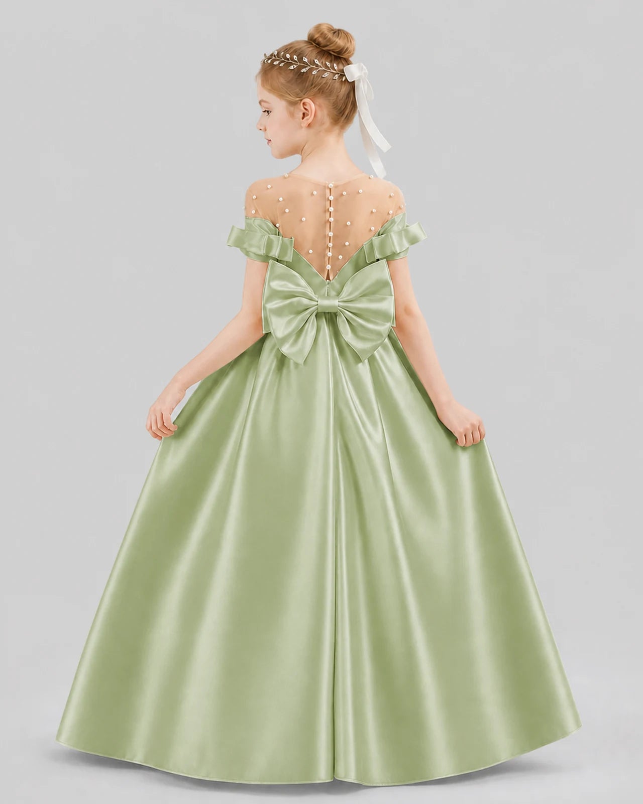 Sage Green Ball Gown Girls Formal Dresses Back