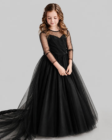 Dideyttawl Long Sleeve Swiss Dot Pageant Gown for Stage