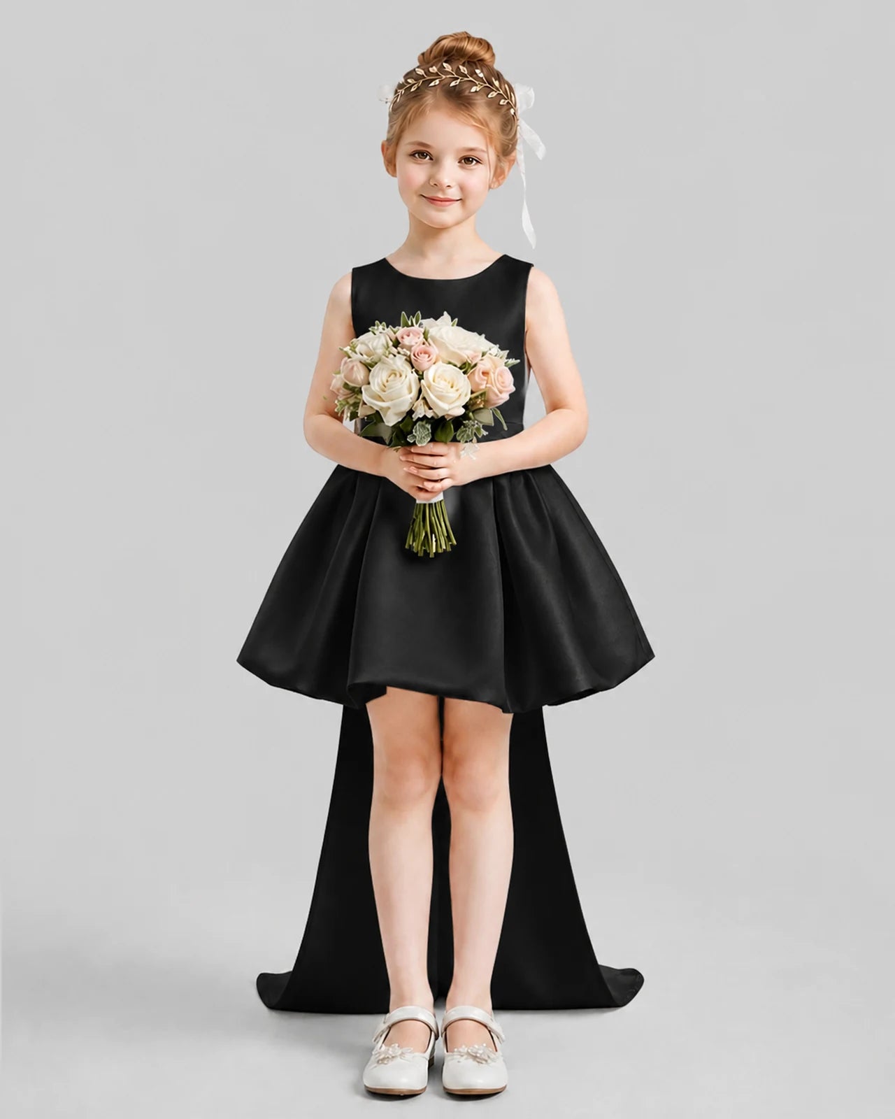 Black Flared Girls Formal Dresses Pose