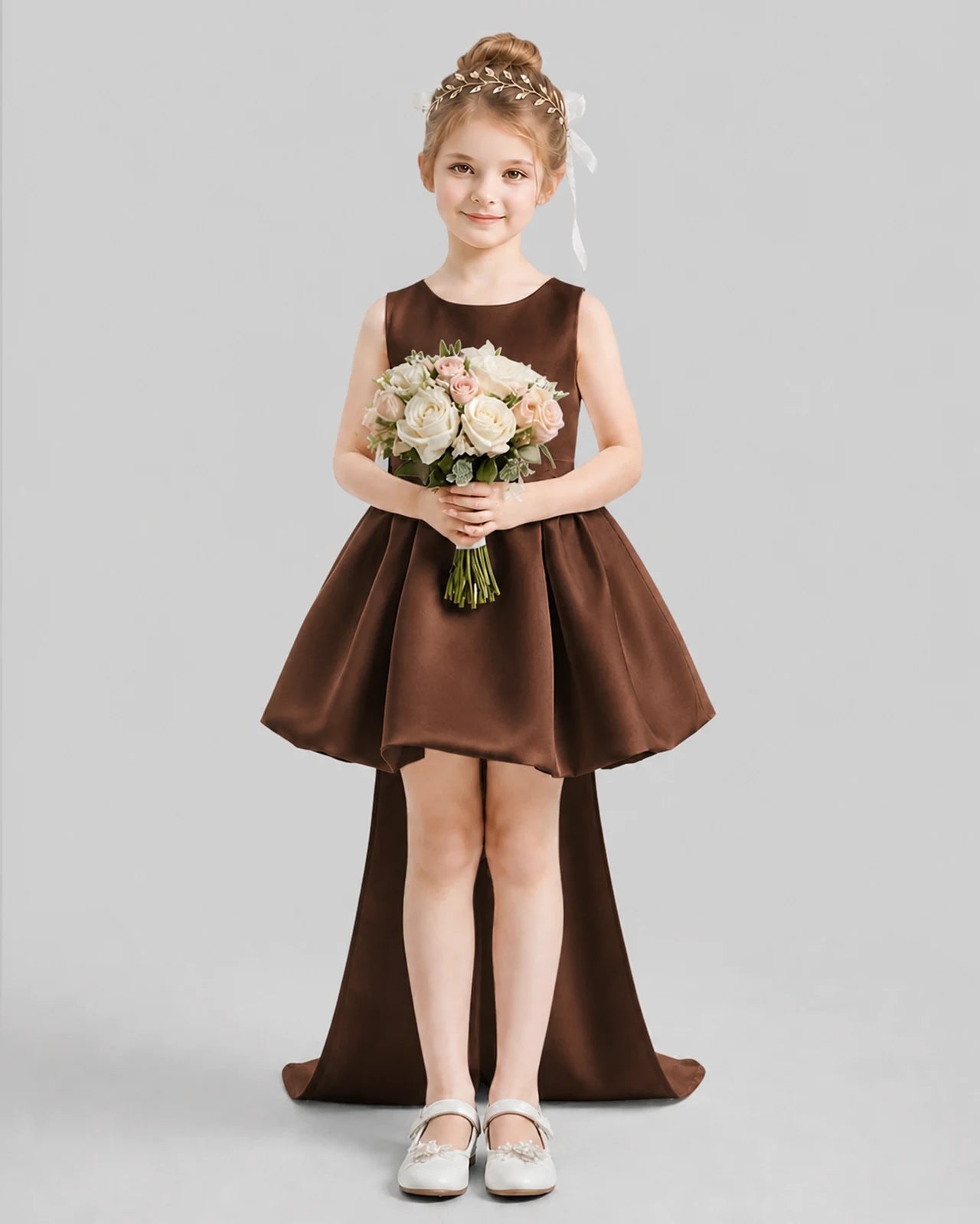 Chocolate Flared Girls Formal Dresses Pose