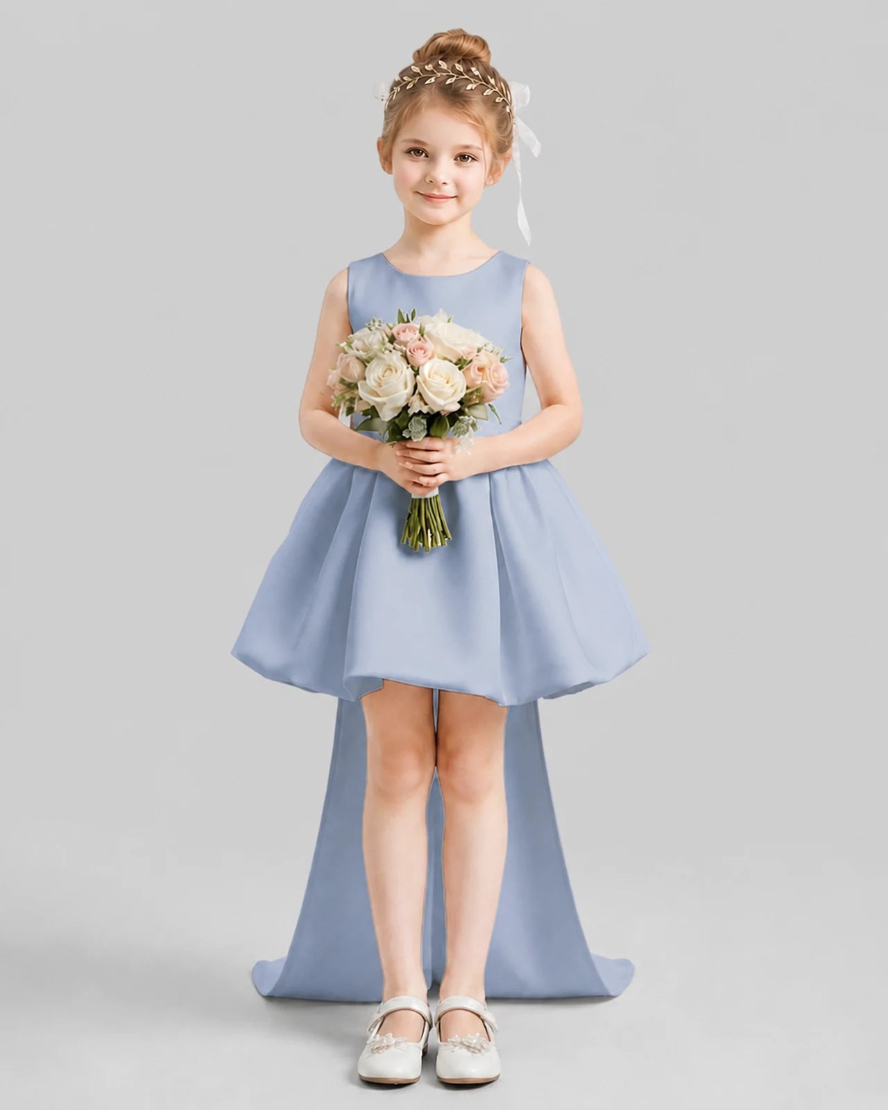 Dusty Blue Flared Girls Formal Dresses Pose
