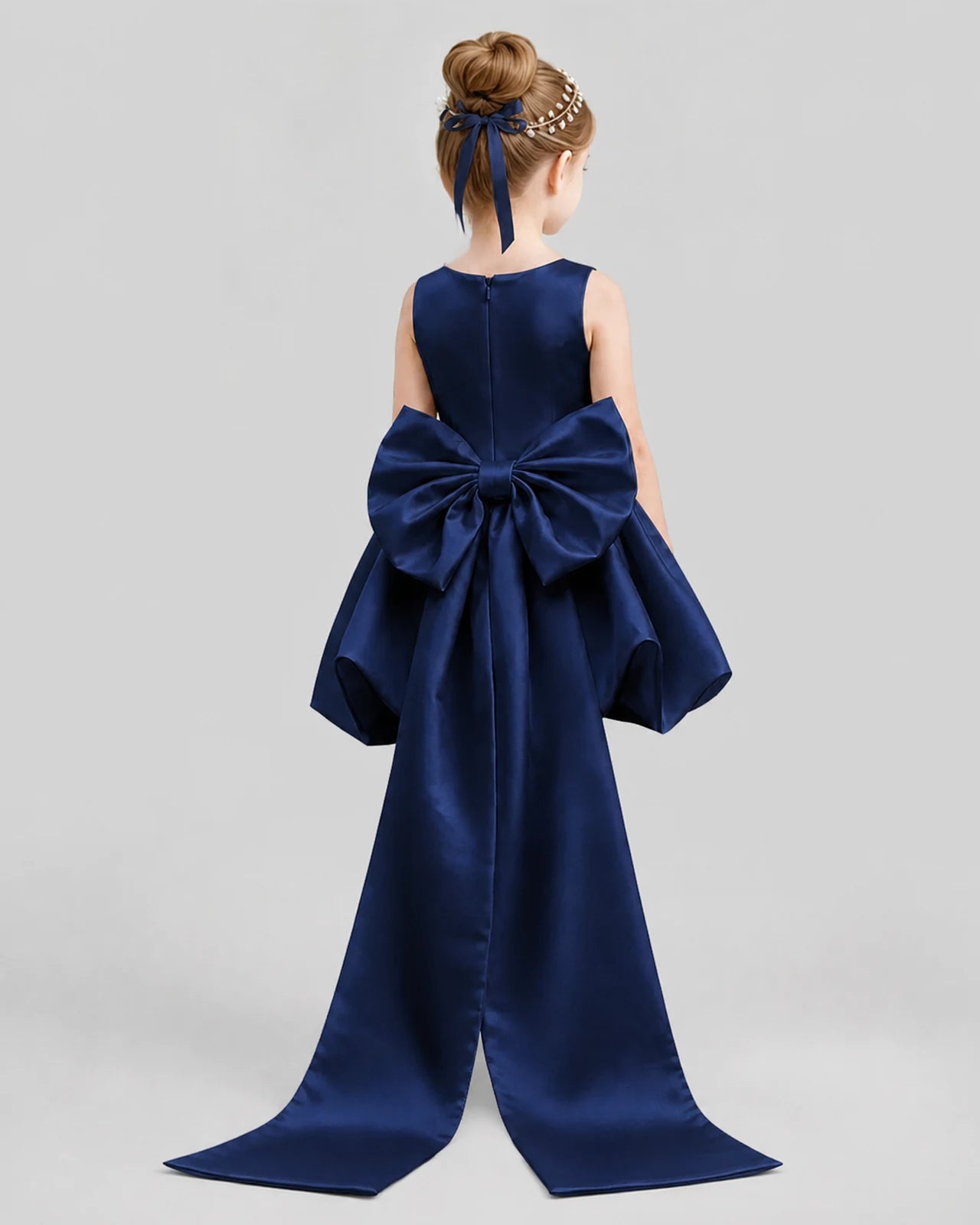 Navy Blue Flared Girls Formal Dresses Back