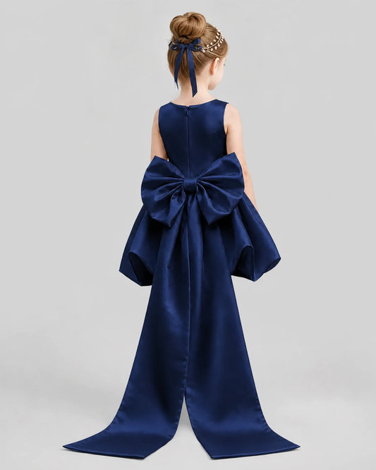 Navy Blue Flared Girls Formal Dresses Back