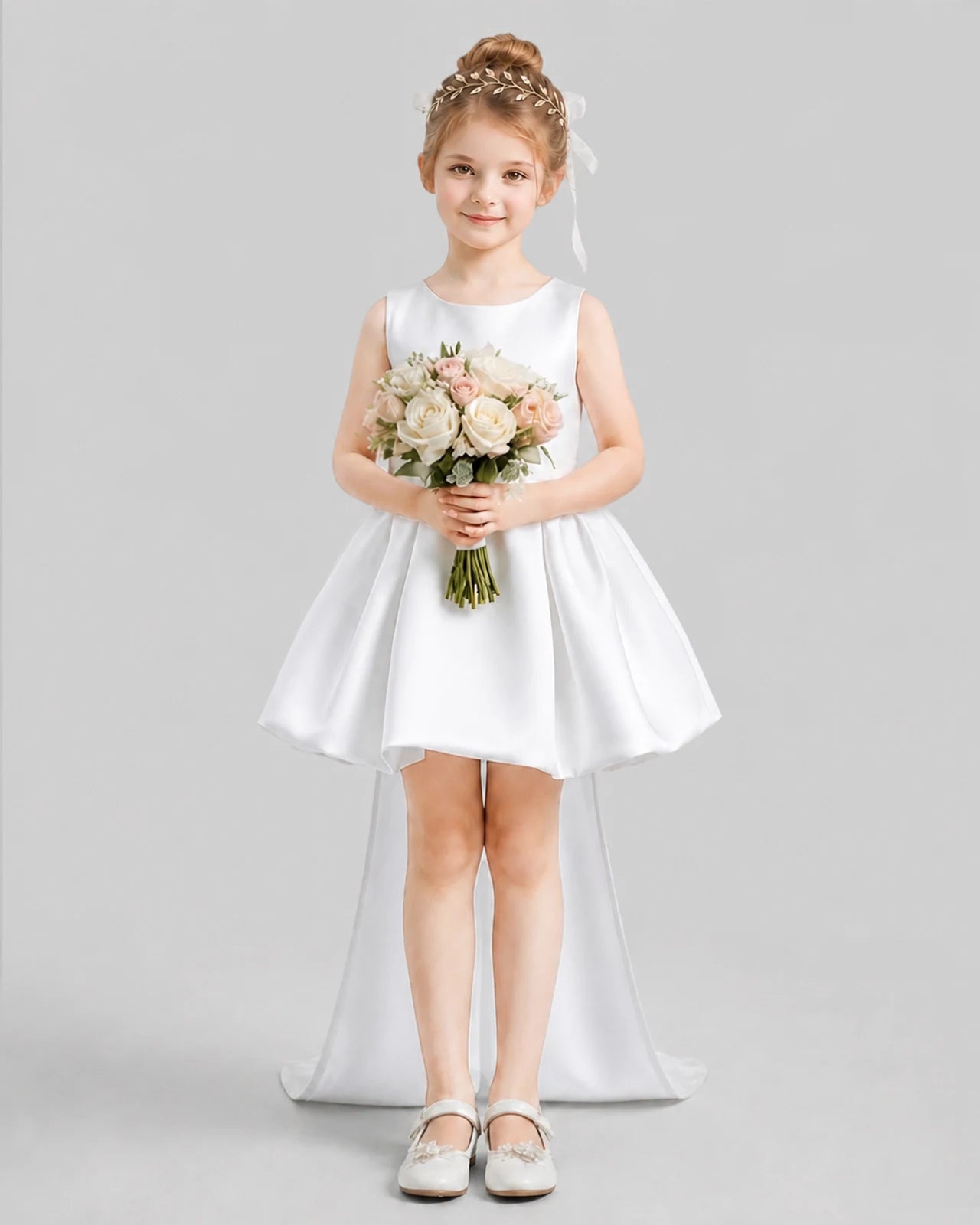 White Flared Girls Formal Dresses Pose