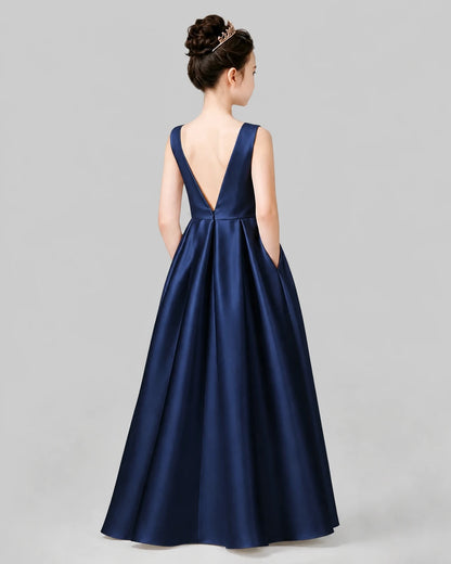 Navy Blue A-line Girls Formal Dresses Back