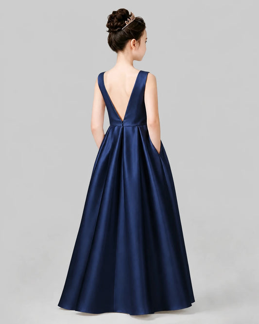 Navy Blue A-line Girls Formal Dresses Back