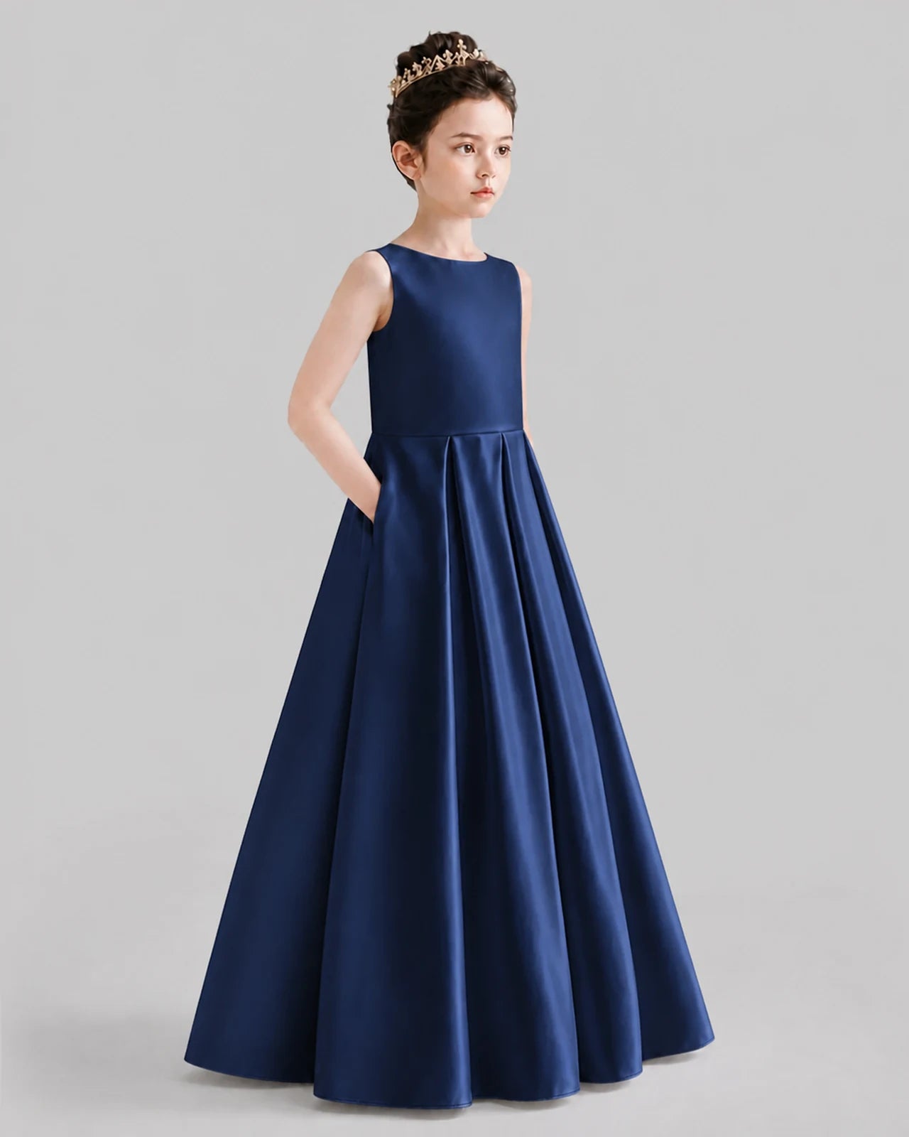 Navy Blue A-line Girls Formal Dresses Front