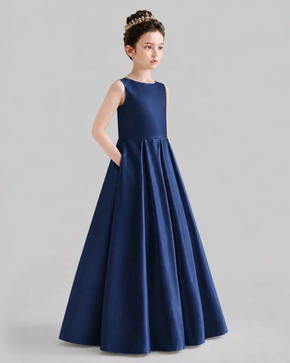 Navy Blue A-line Girls Formal Dresses Front