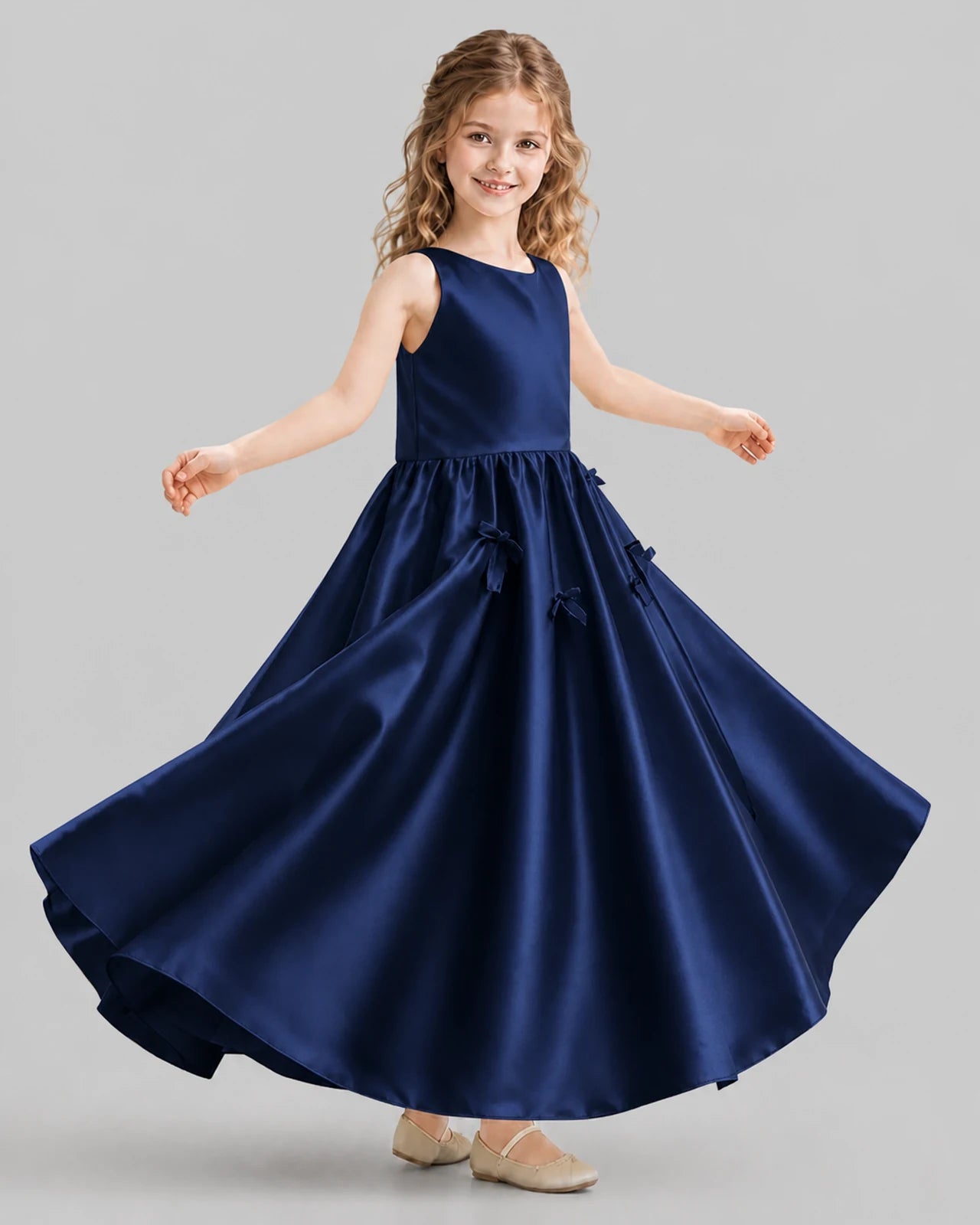 Navy Blue A-line Girls Formal Dresses Front