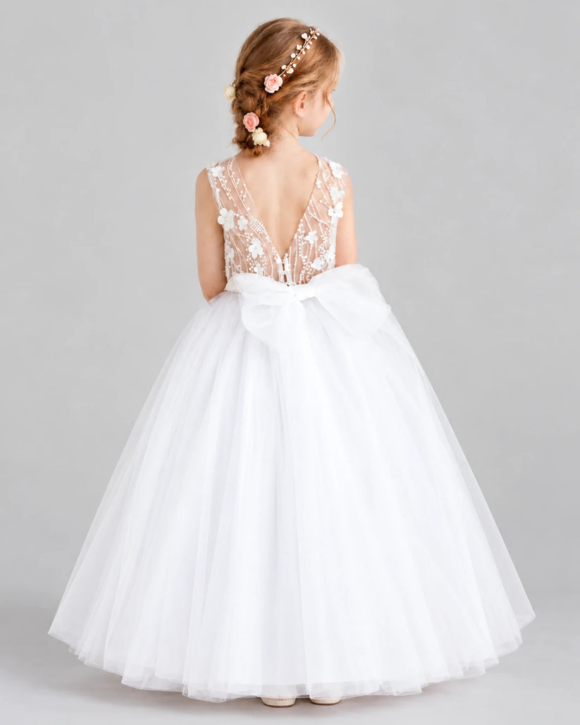 White Ball Gown Flower Girl Dresses Back