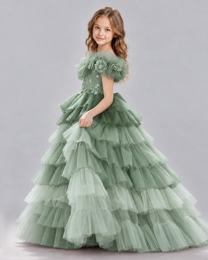 Sage Green Ball Gown Girls Pageant Dresses Back