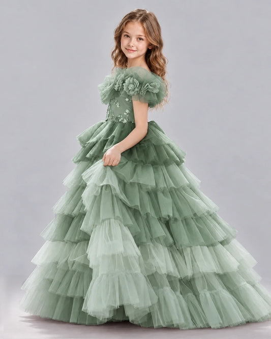 Sage Green Ball Gown Girls Pageant Dresses Back