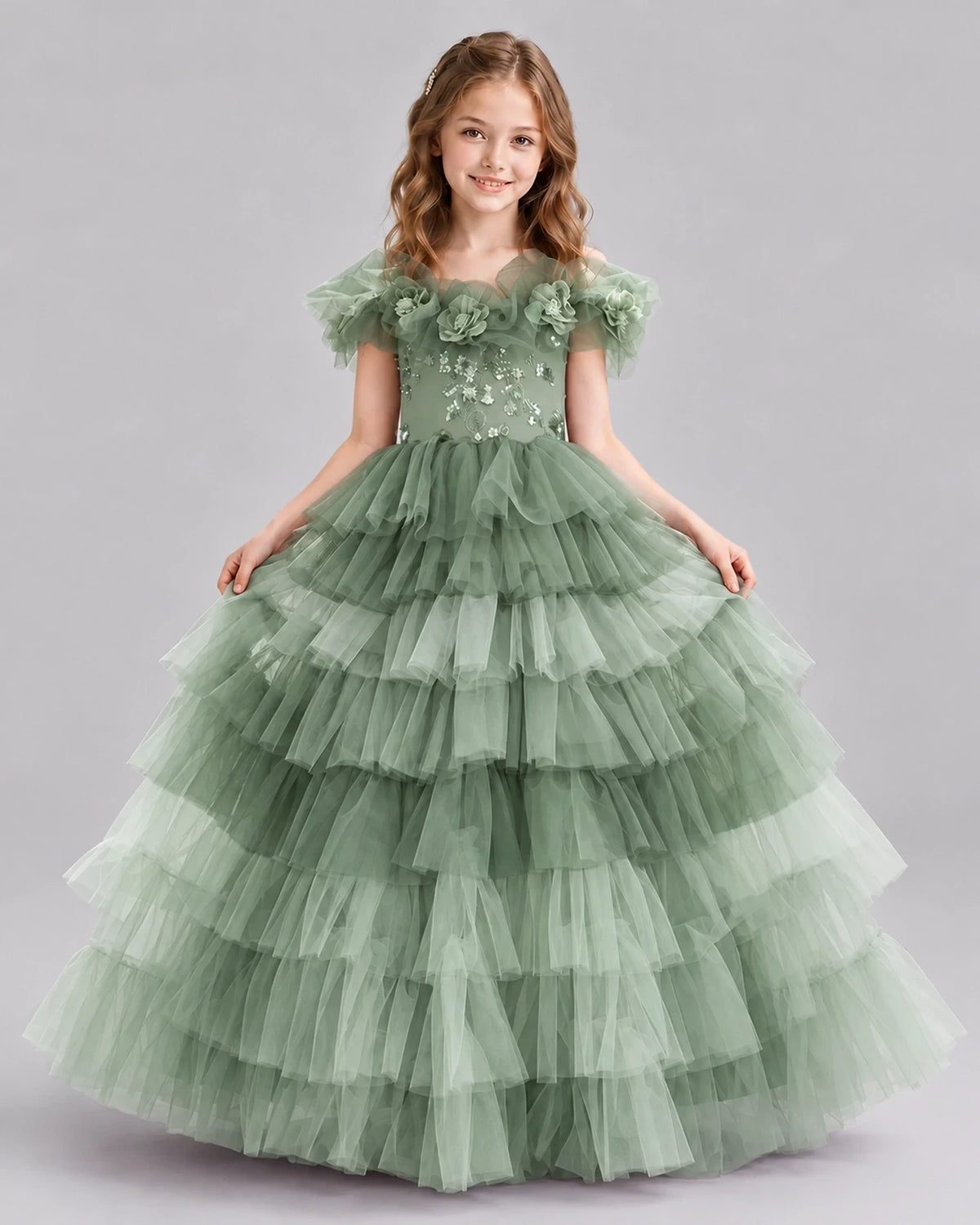 Sage Green Ball Gown Girls Pageant Dresses Front