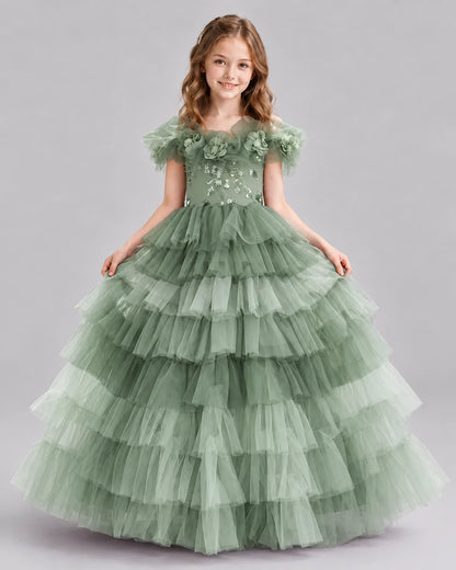 Sage Green Ball Gown Girls Pageant Dresses Front