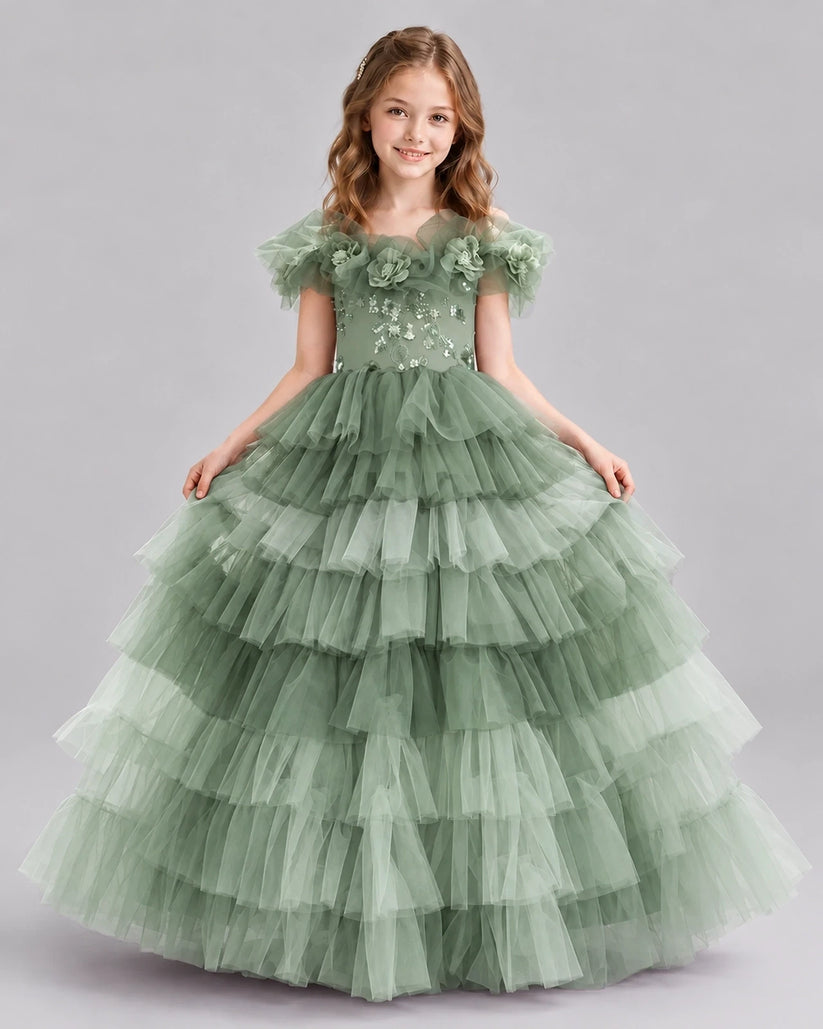 Sage Green Ball Gown Girls Pageant Dresses Front