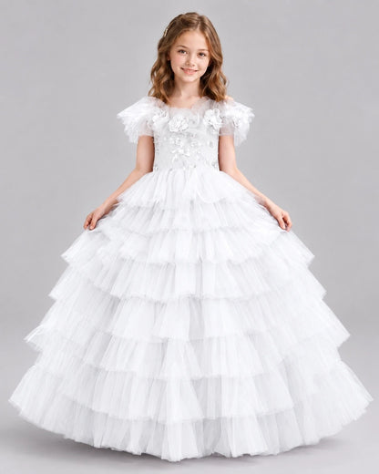 White Ball Gown Girls Pageant Dresses Front
