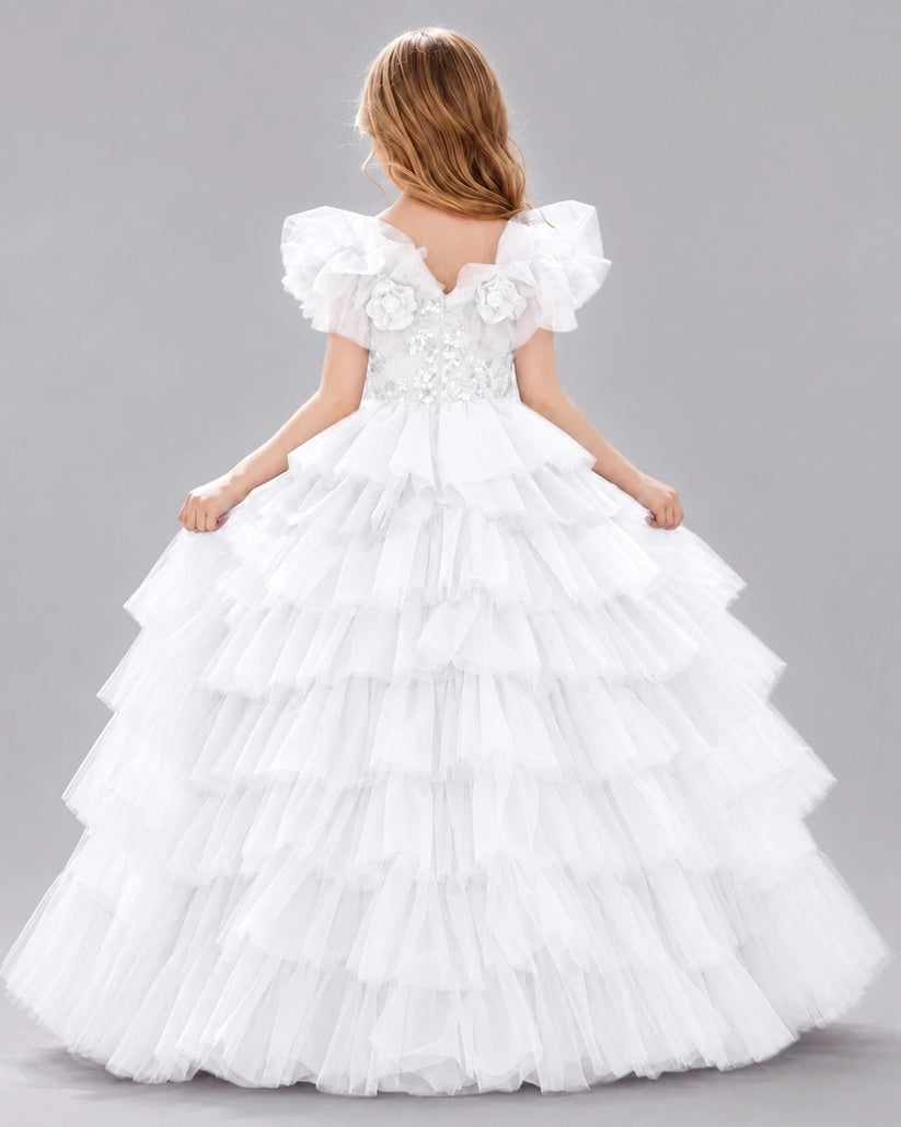 White Ball Gown Girls Pageant Dresses Side
