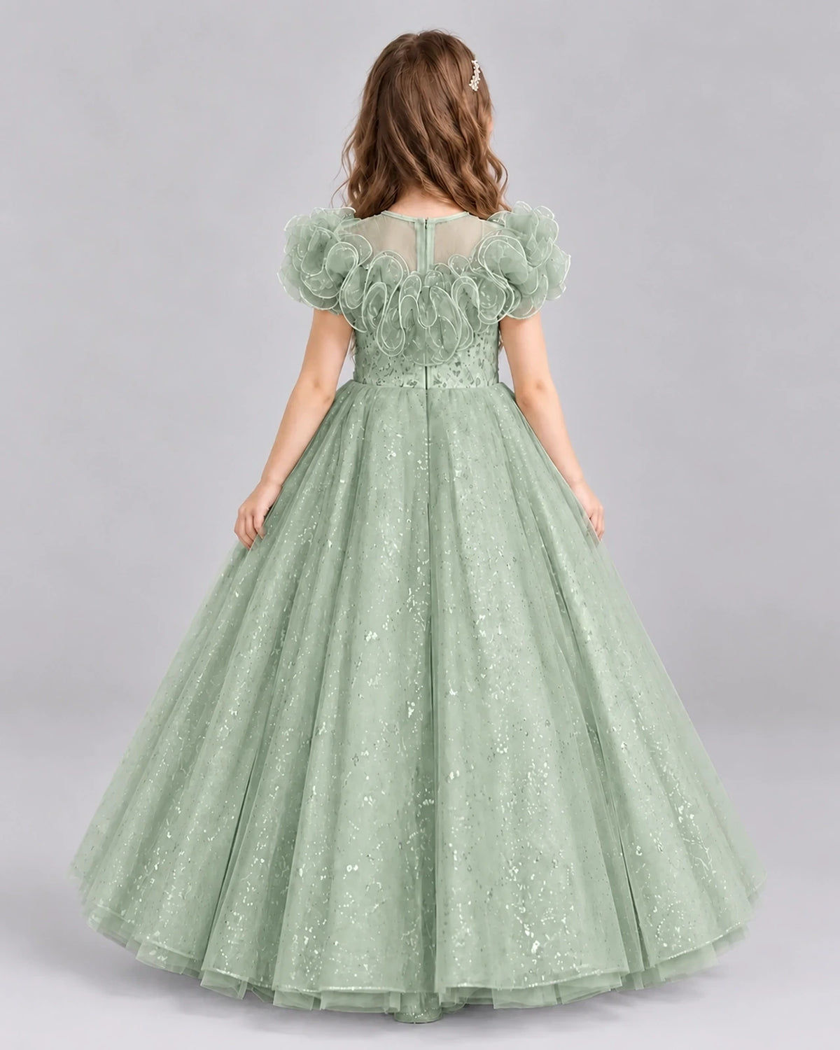 Sage Green Ball Gown Flower Girl Dresses Back