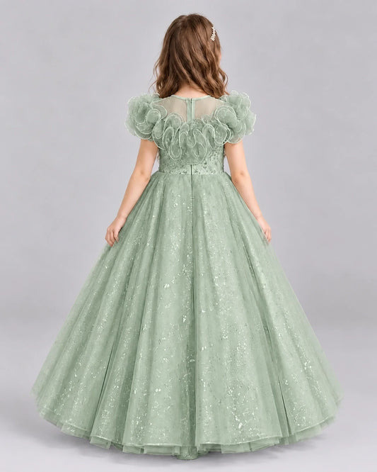Sage Green Ball Gown Flower Girl Dresses Back