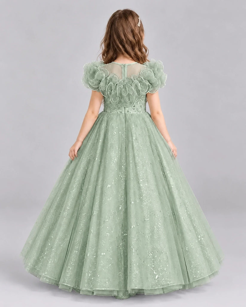 Sage Green Ball Gown Flower Girl Dresses Back