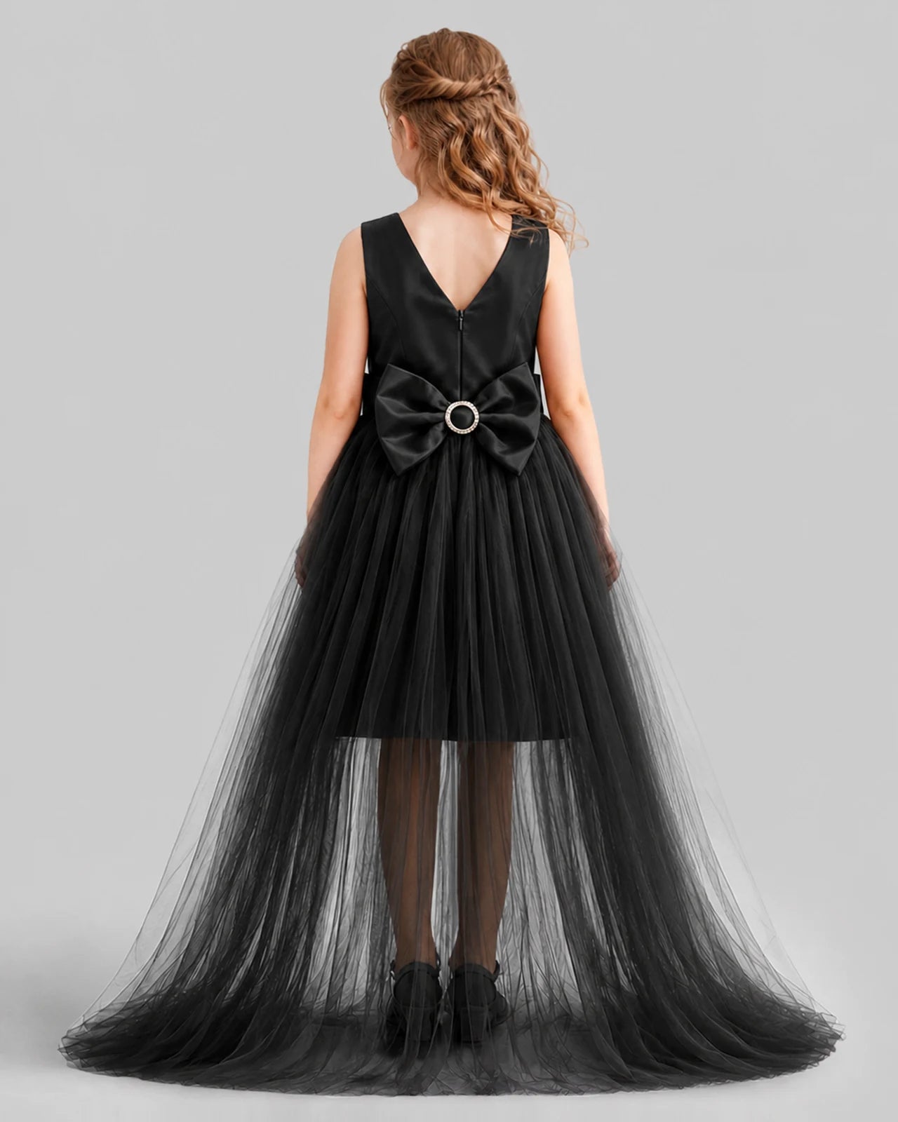 Black Flared Girls Pageant Dresses Back