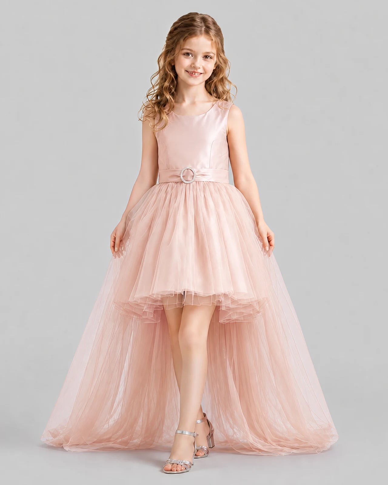 Blush Pink Flared Girls Pageant Dresses Front
