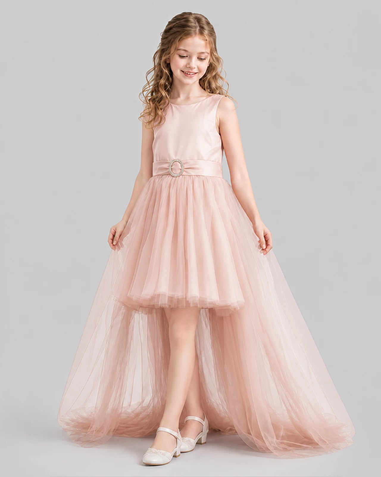 Blush Pink Flared Girls Pageant Dresses Side