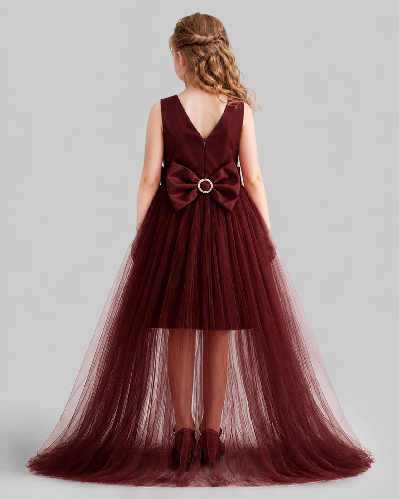 Burgundy Flared Girls Pageant Dresses Back