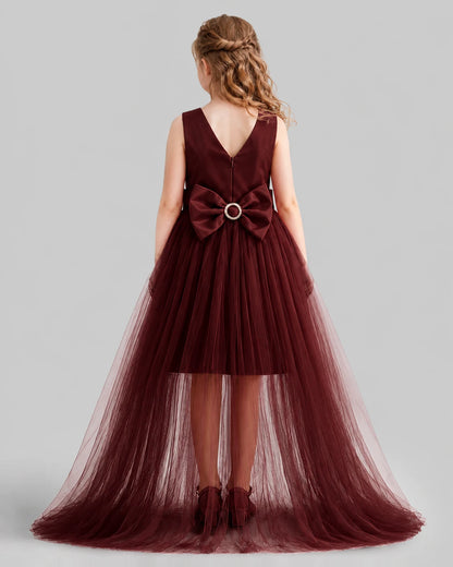Burgundy Flared Girls Pageant Dresses Back