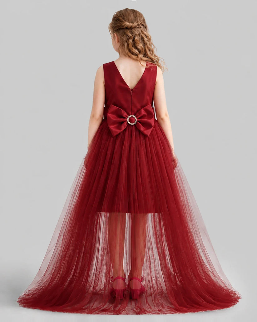 Burgundy Flared Girls Pageant Dresses Back