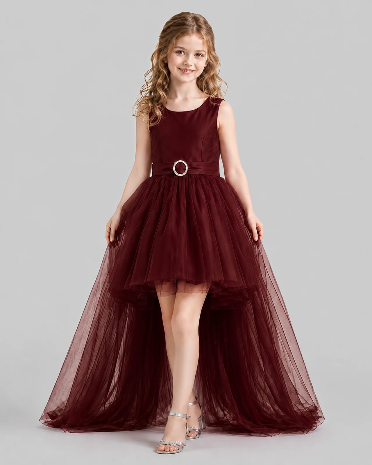 Burgundy Flared Girls Pageant Dresses Front