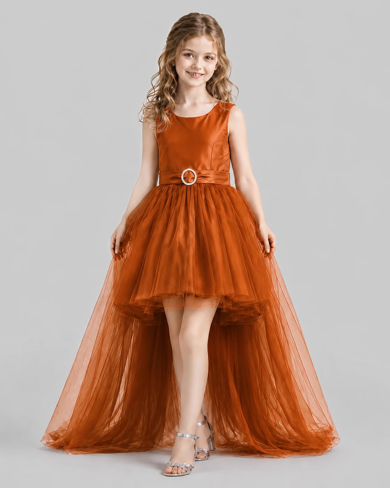 Burnt Orange Flared Girls Pageant Dresses Front