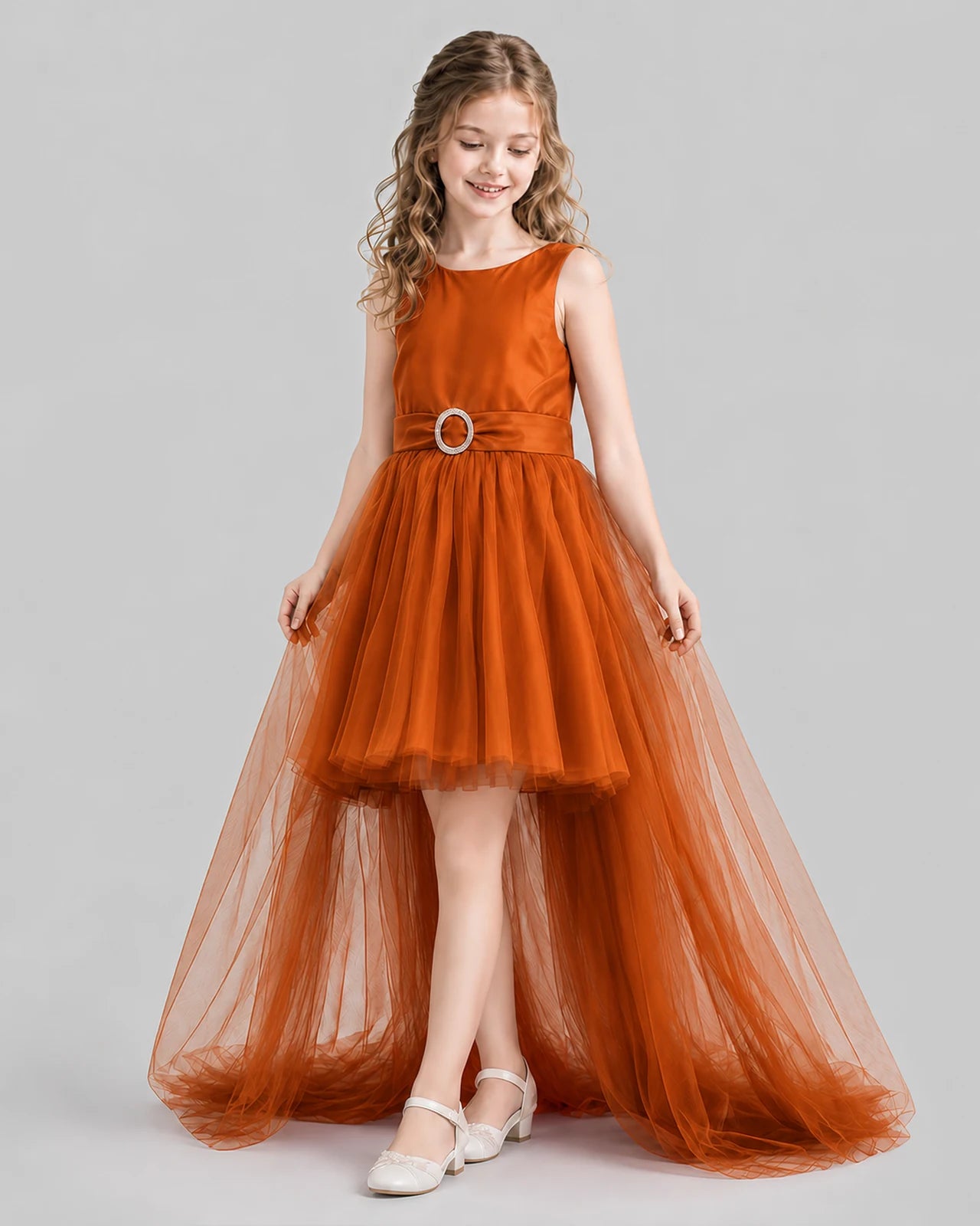 Burnt Orange Flared Girls Pageant Dresses Side