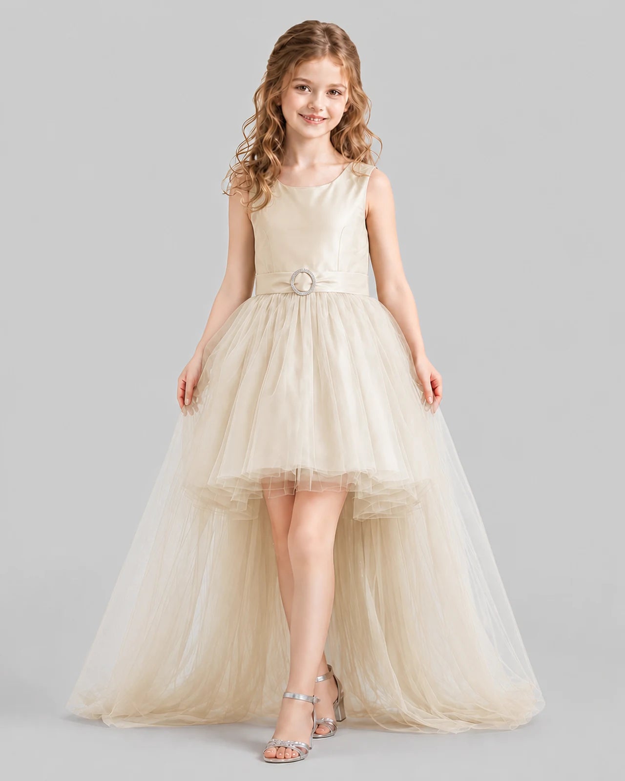 Champagne Flared Girls Pageant Dresses Front