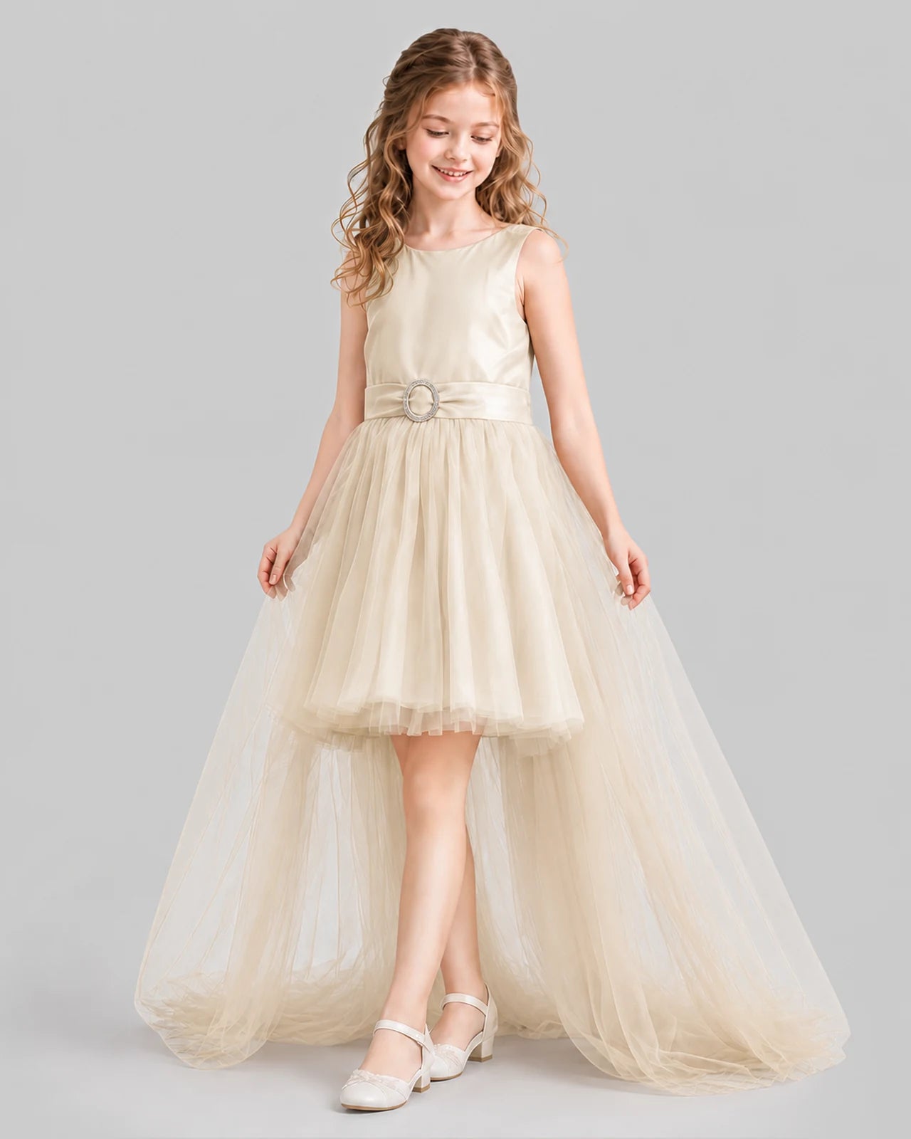 Champagne Flared Girls Pageant Dresses Side