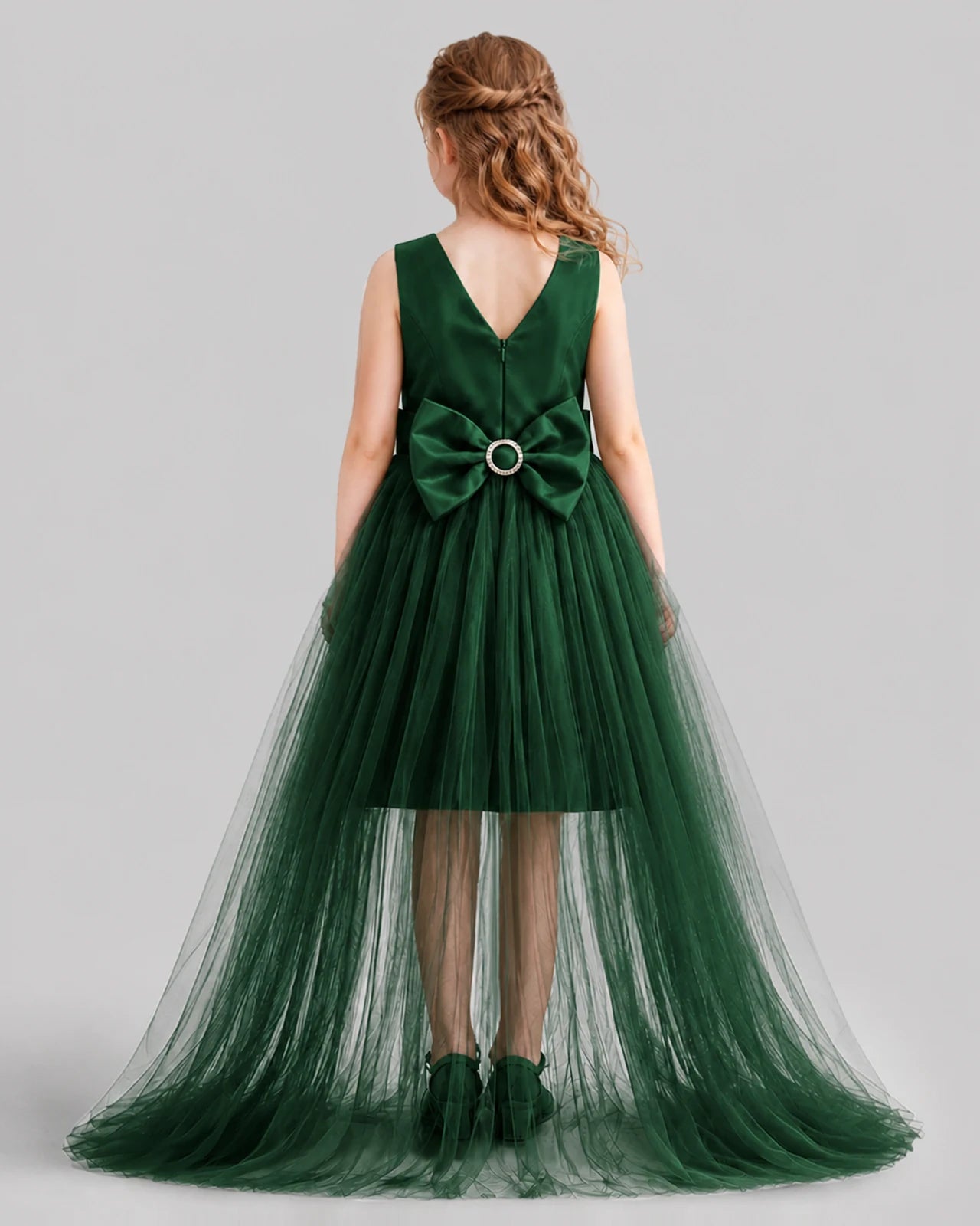 Dark Green Flared Girls Pageant Dresses Back