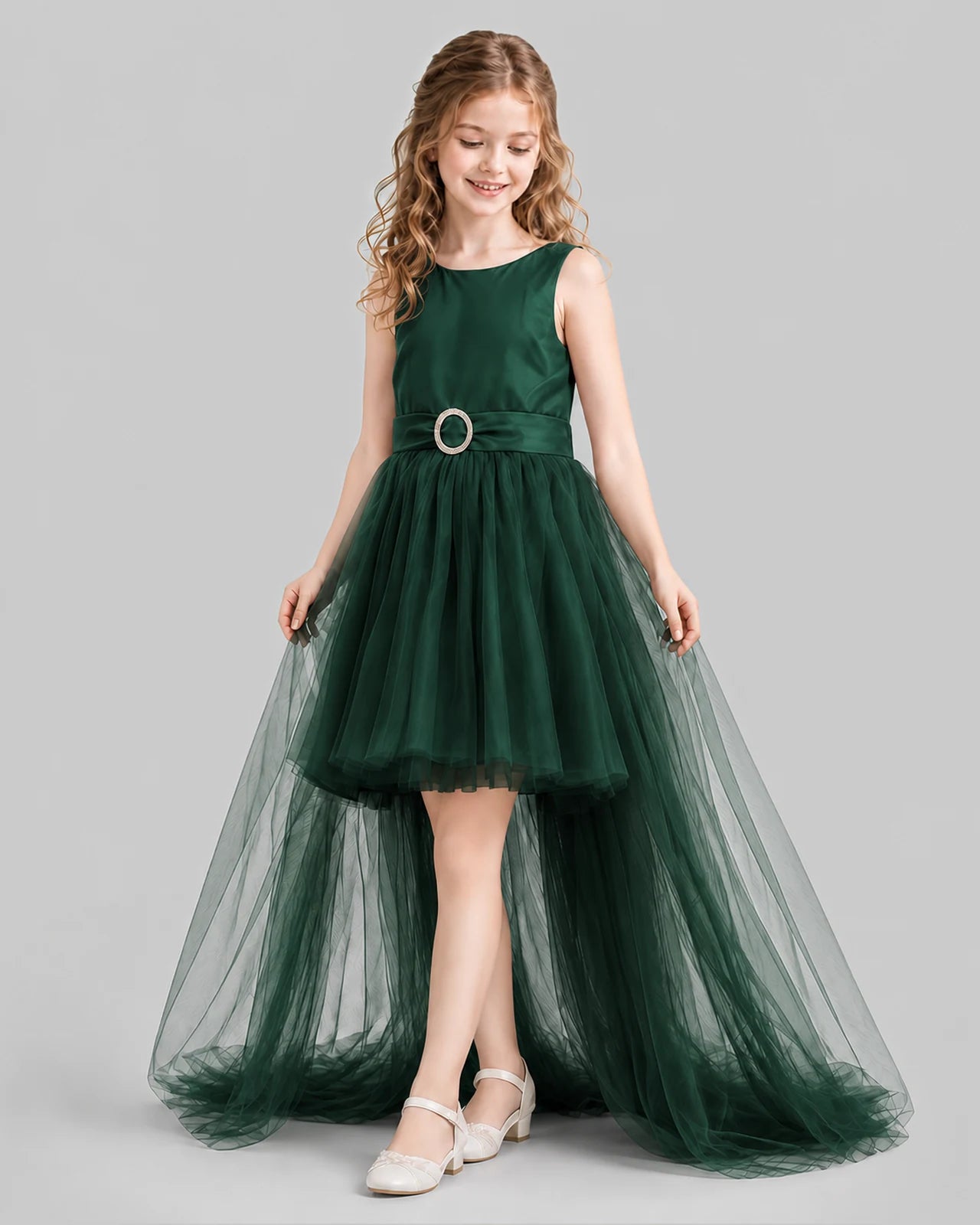 Dark Green Flared Girls Pageant Dresses Side