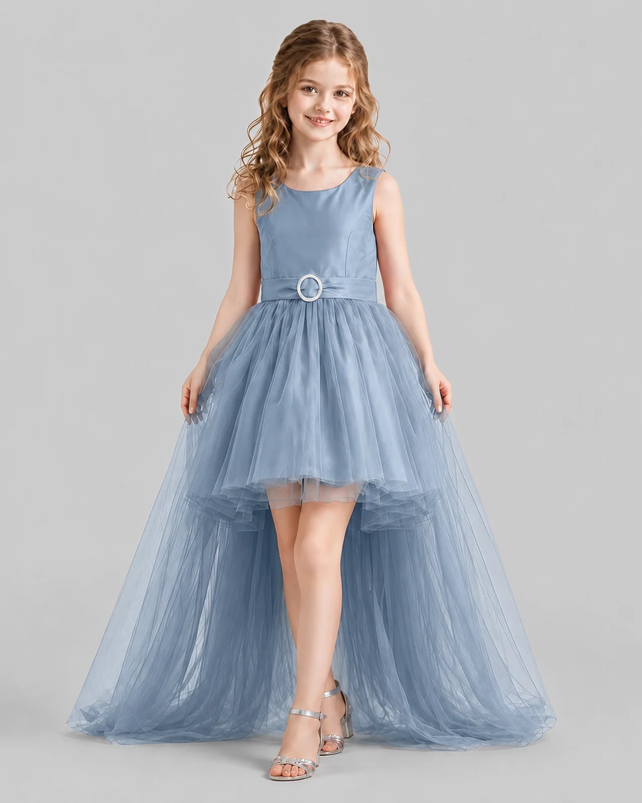 Dusty Blue Flared Girls Pageant Dresses Front