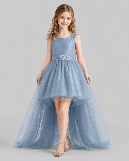 Dusty Blue Flared Girls Pageant Dresses Front