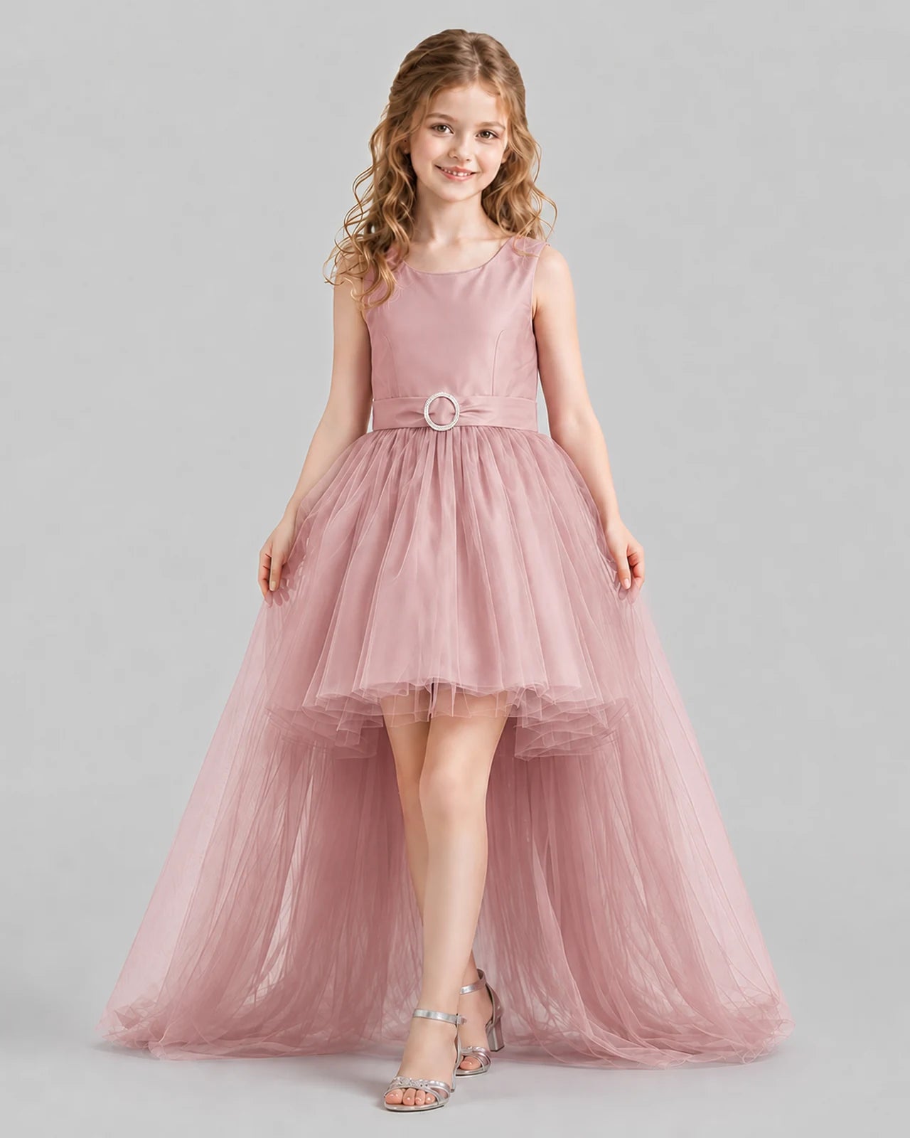 Blush Pink Flared Girls Pageant Dresses Front