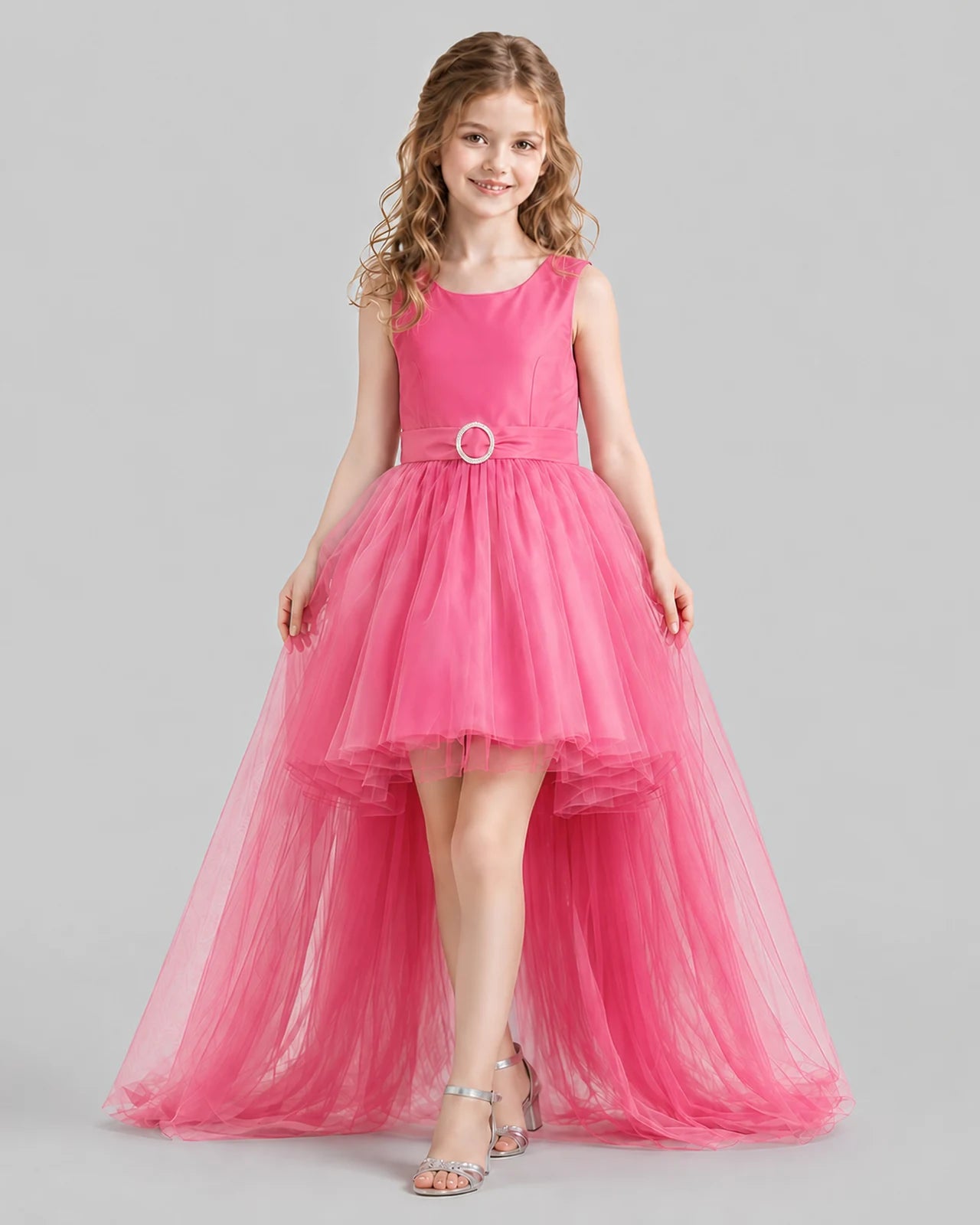 Hot Pink Flared Girls Pageant Dresses Front