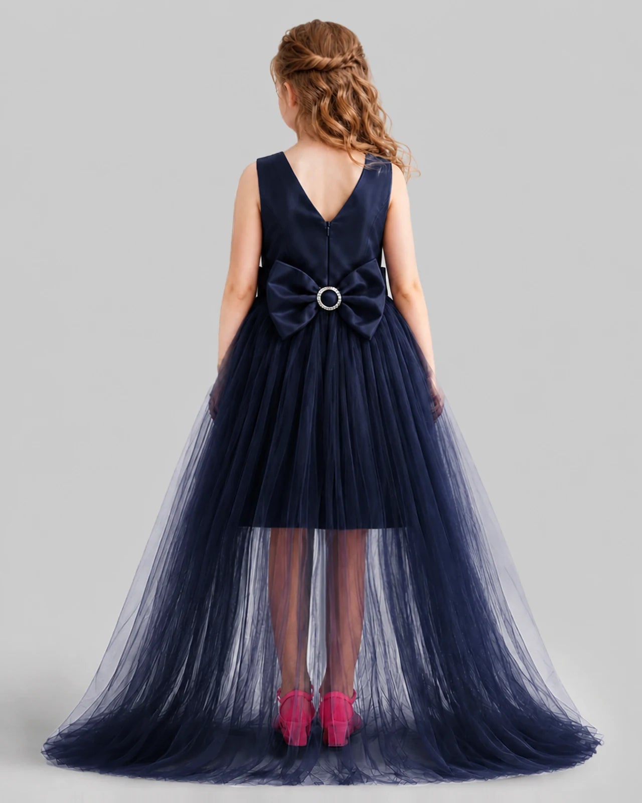 Navy Blue Flared Girls Pageant Dresses Back