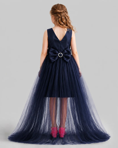 Navy Blue Flared Girls Pageant Dresses Back