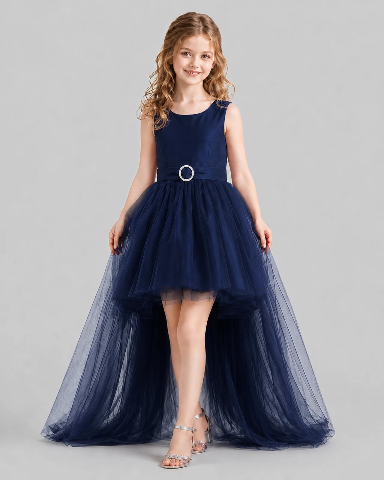 Navy Blue Flared Girls Pageant Dresses Front