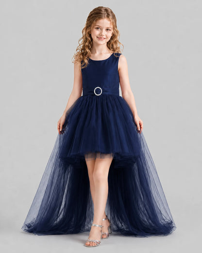 Navy Blue Flared Girls Pageant Dresses Front