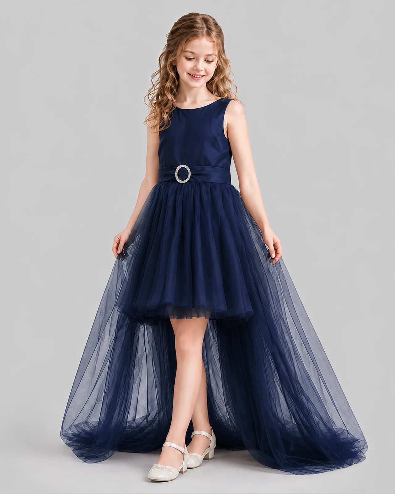 Navy Blue Flared Girls Pageant Dresses Side